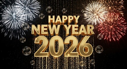 A golden happy new year 2026 with fireworks and bubble accents