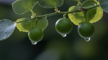 Fototapeta premium moisture. Vibrant green sudachi limes hanging from a rain-moistened branch with water droplets. menu design, packaging mockups, designed for culinary blogs and recipe cards for restaurants.