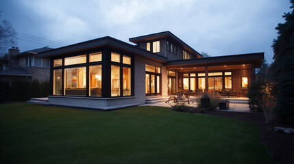 Contemporary house at dusk with warm interior lights, peaceful residential setting and soft focus.
