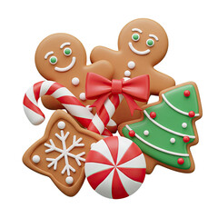 Festive Christmas Cookies and Candy Illustration with Red Bow and Gingerbread Men on Transparent Background