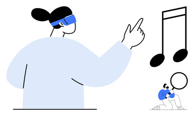 Person wearing AR headset interacting with virtual music notes and magnifying glass. Ideal for technology, augmented reality, innovation, sound, learning, creativity, entertainment. Minimalist flat