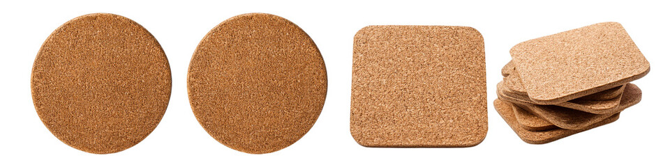 Various shapes and sizes of cork coasters for home use isolated on transparent background