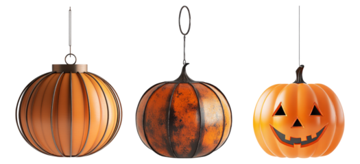 Decorative Halloween Lanterns in Bright Orange Colors and Shapes, Isolated on Transparent, white background