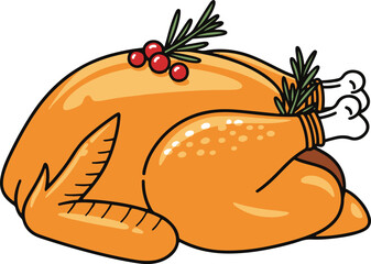 A pixel art illustration of a golden brown roasted turkey, garnished with red berries and green herbs, ready for a festive meal.
