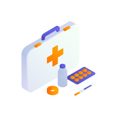 Isometric First Aid Kit with Thermometer Pills and Medicine in White Background