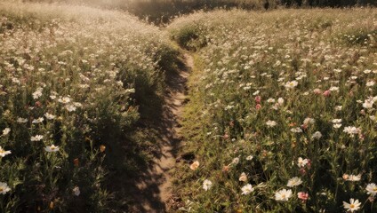 A narrow path cuts through a field of white and yellow wildflowers, bathed in soft sunlight