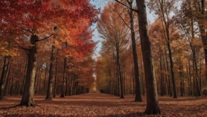 A perspective of a path lined with tall trees showcasing vibrant autumn foliage colors
