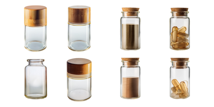 Clear Glass Containers with Wooden Lids, set collection, mega bundle, isolated on transparent background