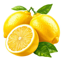 Realistic illustration of whole and halved lemons with green leaves. Isolated on black