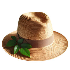 Straw hat with brown band, accented by green leaves, rests against a dark background