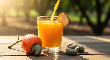 Refreshing orange cashew fruit juice being poured into a glass garnished with cashew apple slice on a wooden table outdoors
