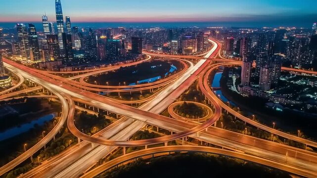 Aerial View of a Modern City Highway Interchange at Dusk with Streaking Car Lights.