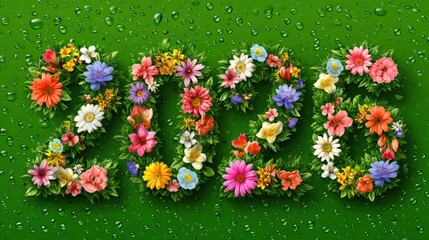 A vibrant arrangement of flowers forms the numbers "2026" on a green background, adorned with droplets of water, creating a fresh and lively atmosphere.