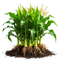 A cluster of healthy corn plants, showing roots in soil against a black background