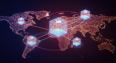 Secure global data network with glowing nodes connecting on world map, conveying trust and worldwide protection for data and digital assets online