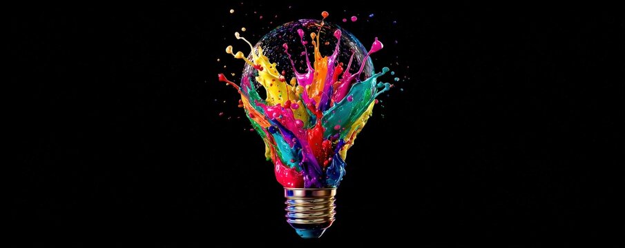 A vibrant lightbulb explodes with colorful paint, symbolizing creativity and innovation against a black background.
