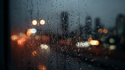 Obraz premium Rainy night cityscape view through window