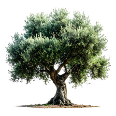 A vibrant olive tree with twisted trunk and lush green foliage, isolated against black