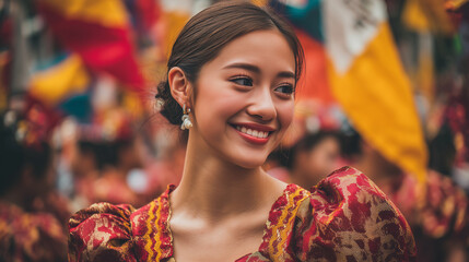 Smiling Filipino Woman Wearing Traditional Dress During Santa Ipon Festival In The Philippines, Showcasing Joyful Parade, Cultural Pride, And Celebration Of Fishing Community’s Prosperity