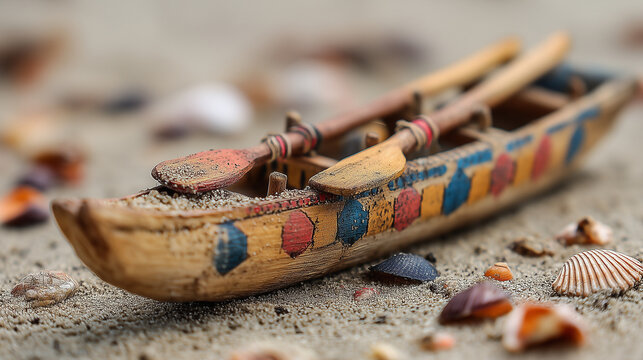 Miniature Wooden Fishing Boat Decorated With Seashells On Sandy Surface Representing Santa Ipon Festival In The Philippines, Honoring Fisherfolk Traditions, Maritime Culture, And Coastal Heritage