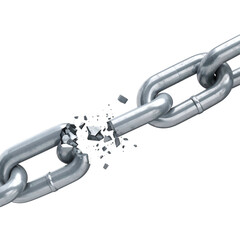 Close-up image of a silver chain, one link breaking apart into small pieces