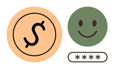 Orange circle with dollar sign, green happy face, and password field with asterisks. Ideal for finance, security, online payment, contentment, digital privacy simplicity trust. Simple flat metaphor