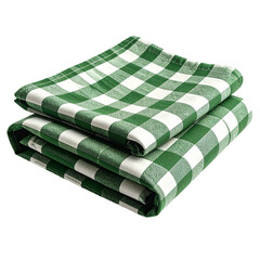 Two folded green and white checkered cloth napkins, stacked with shadows on a black background