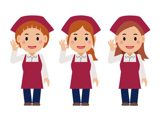 笑顔でOKサイン。真紅のエプロンと三角巾の女性。その2