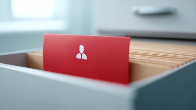 Red folder with person icon filing cabinet drawer representing human resource management, employee record organization, office administration, document storage, and organized workspace efficiency