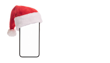 Red Christmas Santa Claus hat cap on top of mobile object isolated on white background with blank space for mobile phone screen or business advertisement design
