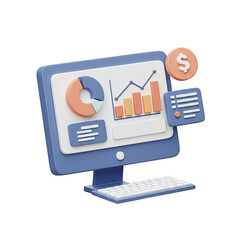 Financial Data Analysis 3D Render with Blue Computer and Charts on Transparent Background