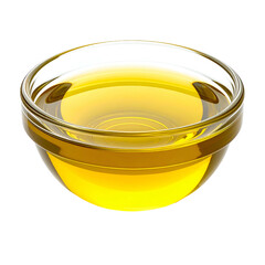 A transparent glass bowl filled with clear golden liquid, isolated on a black background