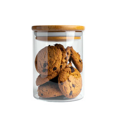 Close-up of chocolate chip cookies inside a clear glass jar with a wooden lid
