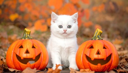 White kitten sits between orange jack-o'-lanterns in autumn leaves