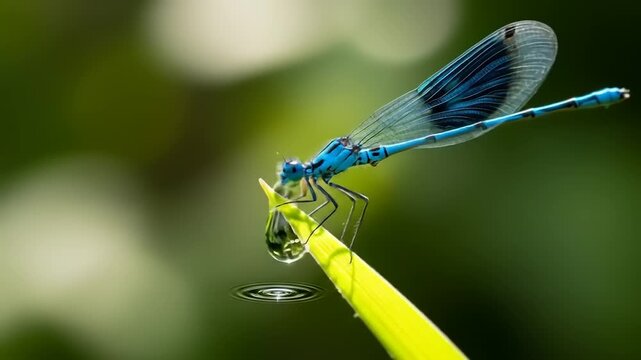 Close-up of a vibrant blue dragonfly perched on a green blade of grass with a water droplet, nature scene