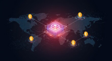 Global blockchain network connecting cryptocurrency coins across the world with secure data encryption, ideal for fintech solutions and modern financial strategies
