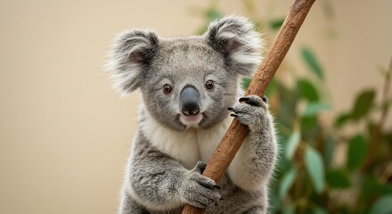 Fototapeta premium Flauschiger Koala greift Ast sanftes Licht betont sein weiches Fell Wildtierportrait mit nat�rlicher �sthetik. AI Generated