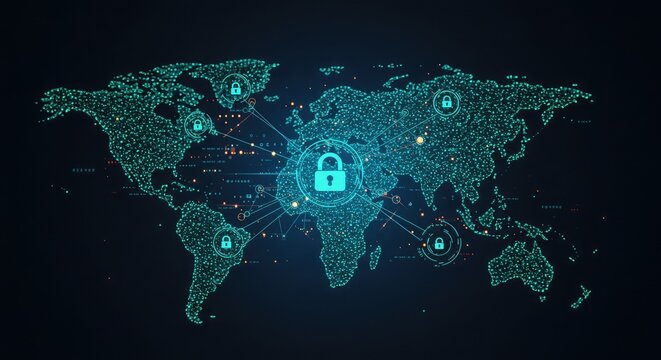 Secure global network symbolized by world map and padlocks glows with vibrant, modern technology representing cybersecurity and data protection worldwide