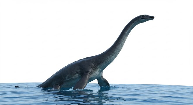 Urzeitliches Reptil mit langem Hals steigt aus Wasser empor hell beleuchtet vor strahlend wei�em Hintergrund. AI Generated