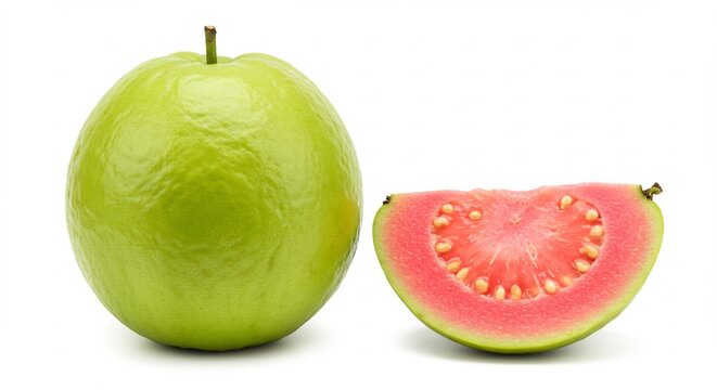 Leuchtend gr�ne Guave und eine saftige rosa Guavenscheibe dynamisch arrangiert f�r ein frisches tropisches Geschmackserlebnis. AI Generated