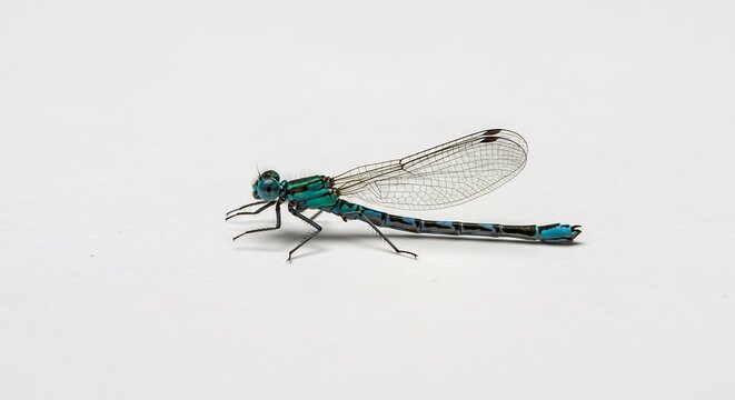 T�rkisblaue Libelle ruhig auf weissem Untergrund Makroaufnahme betont die filigrane Eleganz des Insektenk�rpers. AI Generated