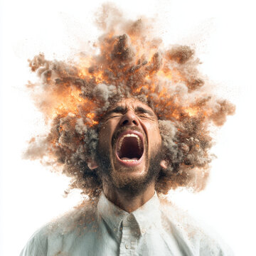 Man with exploding head, emotional expression, isolated on white background, dramatic scene, surreal concept, creative photography