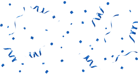 Small glossy blue confetti and streamers twirling slowly, transparent background
