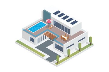 Isometric Pixel Art White Modern House with Pool on Roof Deck Transparent Background