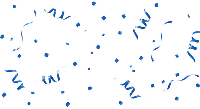 Small glossy blue confetti and streamers twirling slowly, transparent background