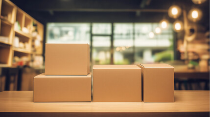 Neatly stacked package boxes with shipping labels, representing efficient e-commerce logistics on wooden surface.