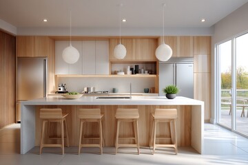 Fototapeta premium Modern kitchen with wooden cabinets and island counter with stools