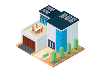 Isometric Pixel Art Modern House with Solar Panels Transparent Background