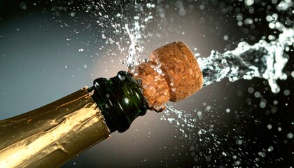 Champagne bottle cork popping with spray of bubbles, celebrating a joyful moment in a festive atmosphere