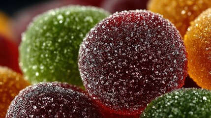 Close-up of colorful sugar coated jelly candies in a pile.